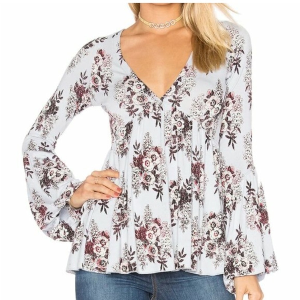 Free People Floral V-Neck Blouse - White and Purple
